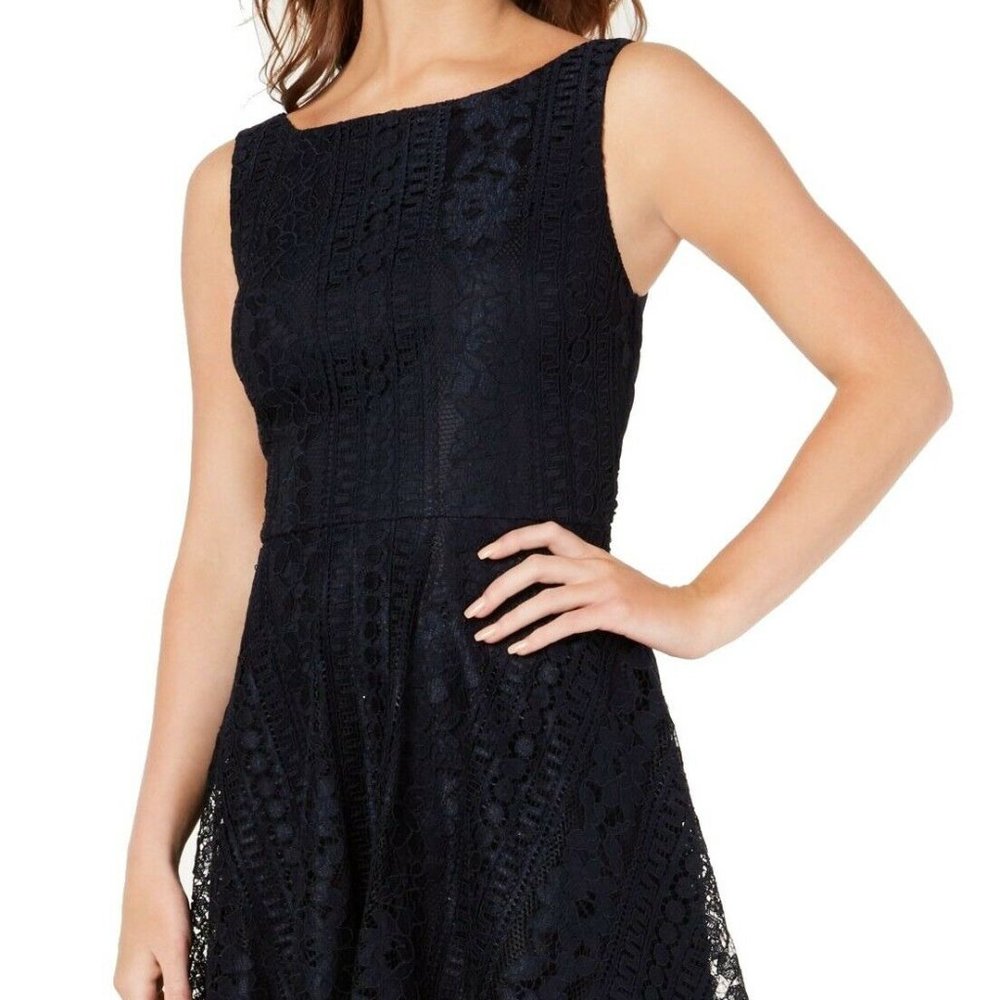 City Studio Dress Navy Blue Size 0 Junior Lace Bow Tie Back A-Line NWT